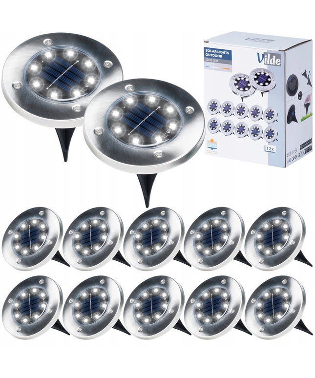 12 vnt. Lauko šviestuvų saulės įsmeigiami į žemę DYSK LED su jutikliu