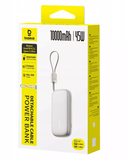 BASEUS išorinė baterija 10000 mAh 45W su ekranu ir nuimamu USB-C/Lightning laidu