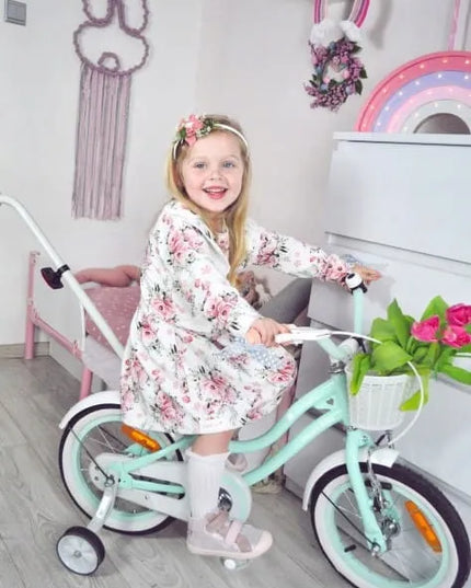 16 colių vaikiškas dviratis mergaitei „Heart Bike“ su stūmimo rankena, pagalbiniais ratukais ir krepšeliu