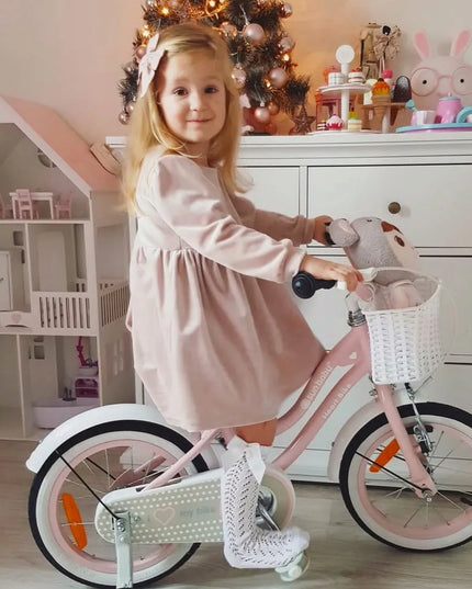 16 colių vaikiškas dviratis mergaitei „Heart Bike“ su stūmimo rankena, pagalbiniais ratukais ir krepšeliu