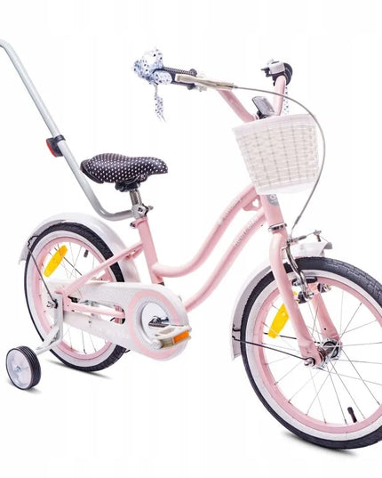 16 colių vaikiškas dviratis mergaitei „Heart Bike“ su stūmimo rankena, pagalbiniais ratukais ir krepšeliu