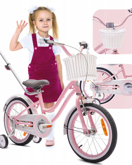 16 colių vaikiškas dviratis mergaitei „Heart Bike“ su stūmimo rankena, pagalbiniais ratukais ir krepšeliu
