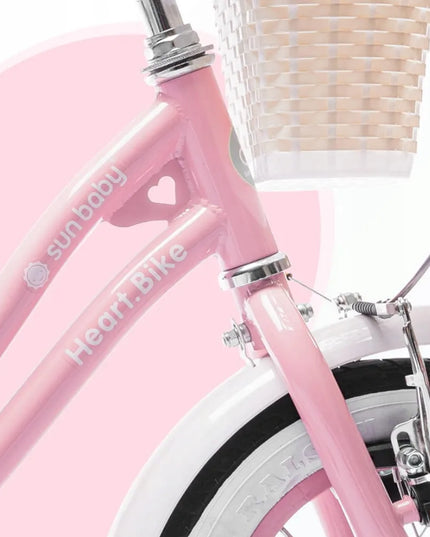 16 colių vaikiškas dviratis mergaitei „Heart Bike“ su stūmimo rankena, pagalbiniais ratukais ir krepšeliu