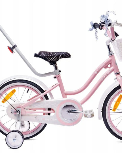 16 colių vaikiškas dviratis mergaitei „Heart Bike“ su stūmimo rankena, pagalbiniais ratukais ir krepšeliu