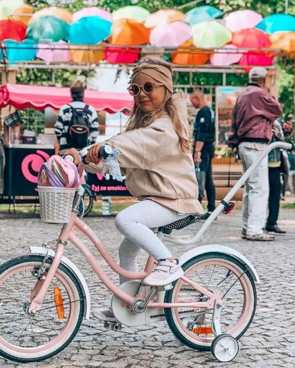 16 colių vaikiškas dviratis mergaitei „Heart Bike“ su stūmimo rankena, pagalbiniais ratukais ir krepšeliu