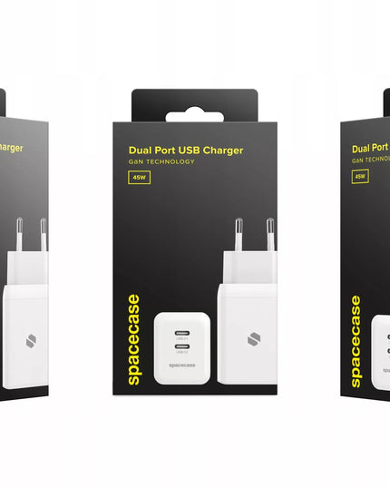 Spacecase 45W tinklo įkroviklis telefonui, greitas 2x USB-C PD įkrovimo blokelis, baltas