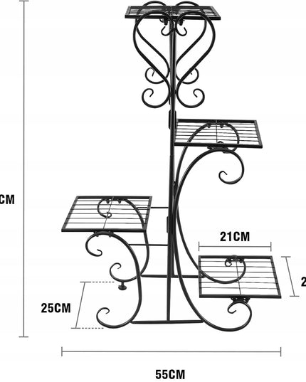 Juodas metalinis gėlių stovas su 4 lentynomis, vazonams ir augalams, lofto stiliaus