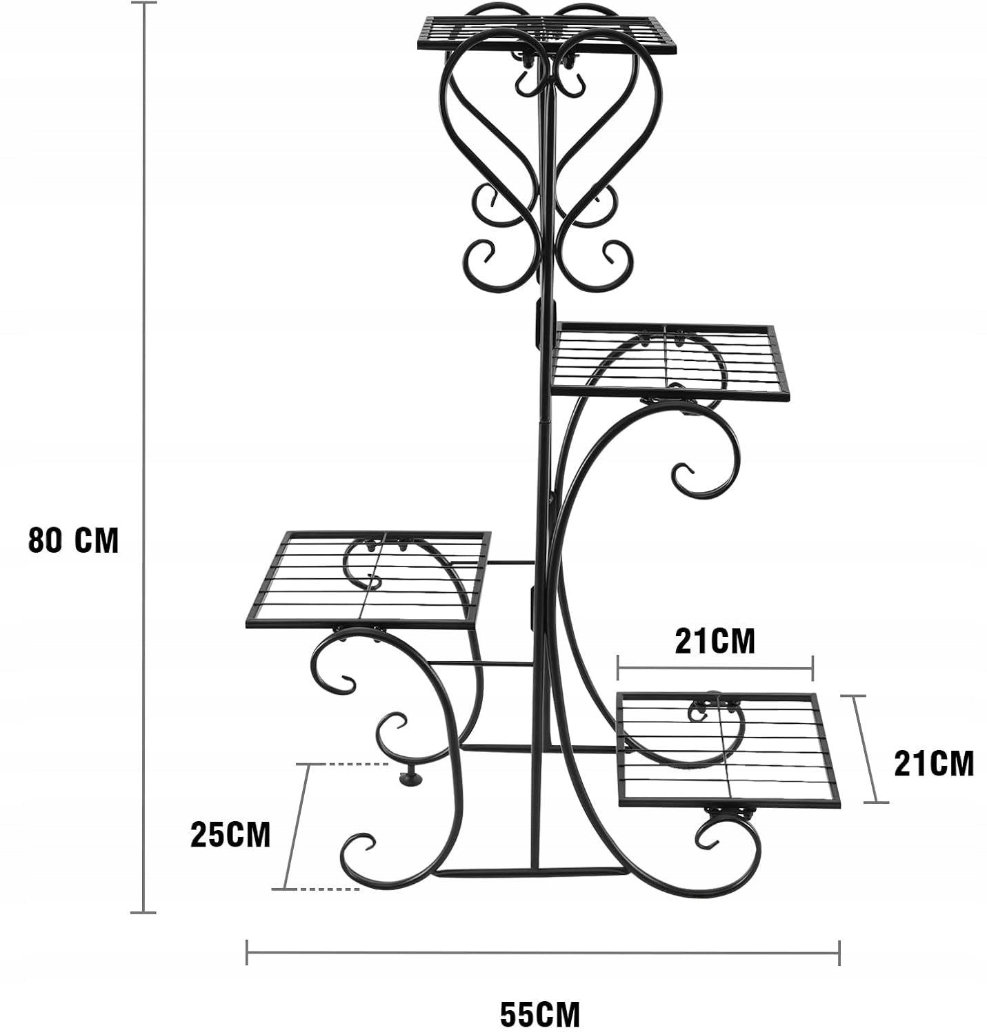 Juodas metalinis gėlių stovas su 4 lentynomis, vazonams ir augalams, lofto stiliaus