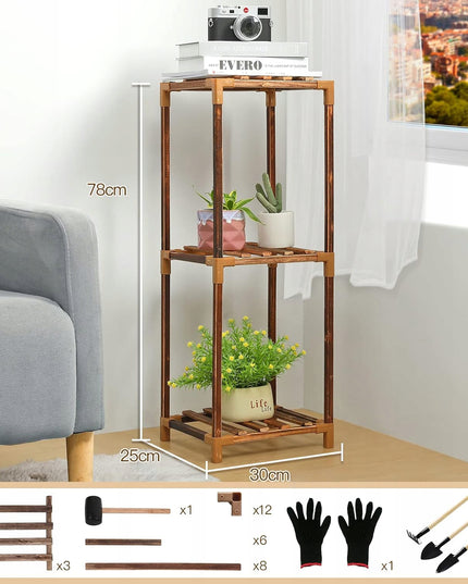 Medinis gėlių stovas, stovas vazonams ir augalams, lentyna su 3 lentynėlėmis