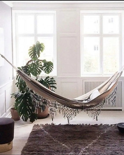 Dvivietis didelis medvilninis hamakas BOHO stiliaus sodo supynės su kutais elegantiškas XL