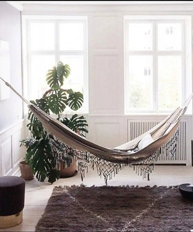 Dvivietis didelis medvilninis hamakas BOHO stiliaus sodo supynės su kutais elegantiškas XL