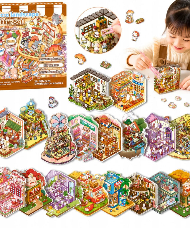 20 miniatiūrinių scenų 3D lipdukų rinkinys su pincetu