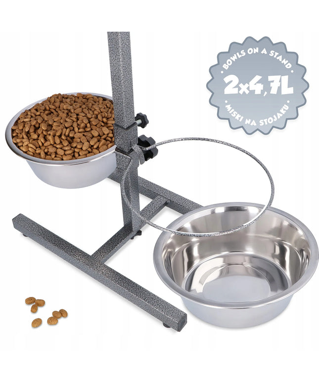 Metalinės dubenėlių šuns dubenėlių rinkinys ant reguliuojamo stovo 2x4,7 l