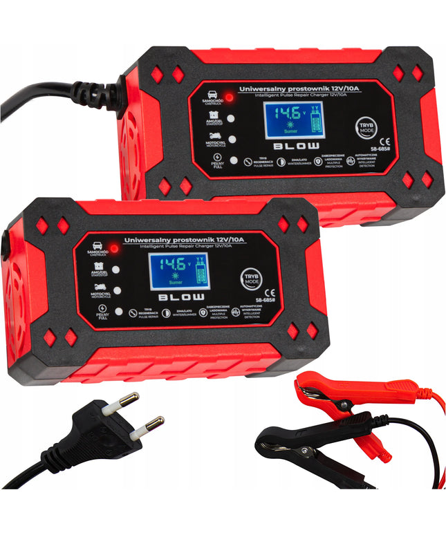 2 vnt. BLOW automatinis akumuliatorių įkroviklis 12 V 10 A su LCD ekranu ir remonto funkcija