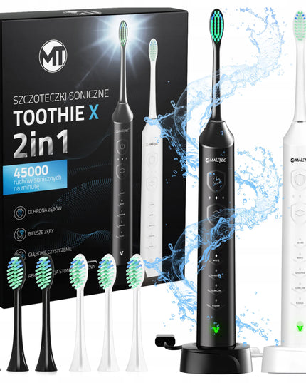 2x Maltec Toothie X2in1 elektrinis dantų šepetėlis, 6 keičiamų galvučių rinkinys su įkrovikliu