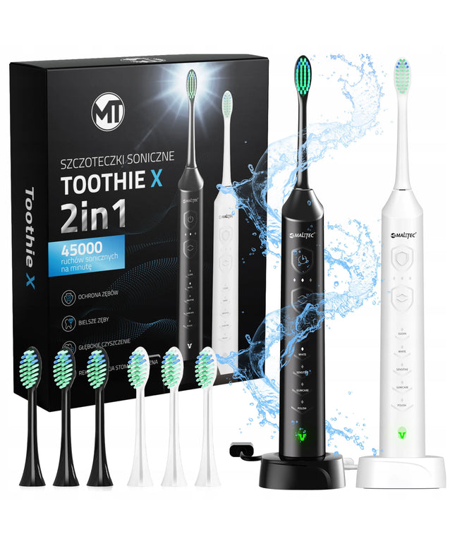 2x Maltec Toothie X2in1 elektrinis dantų šepetėlis, 6 keičiamų galvučių rinkinys su įkrovikliu