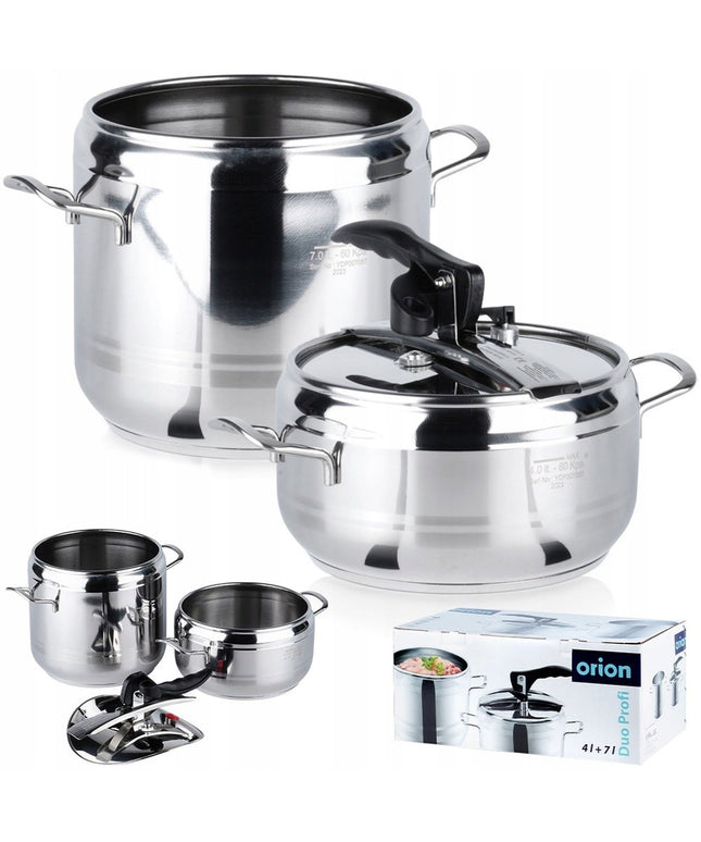2x Greitpuodis ORION PROFI plieninis slėginis puodas greitam virimui 4+7L