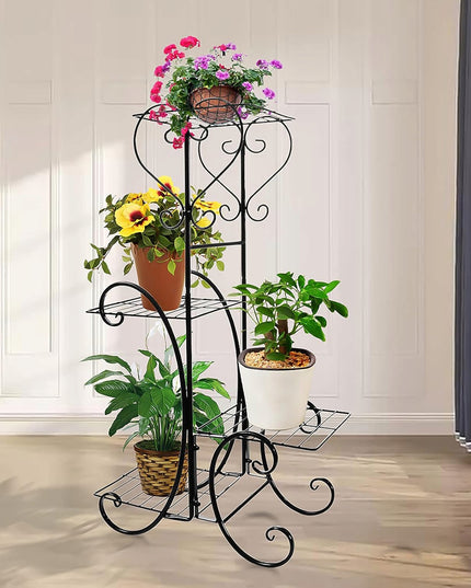 Juodas metalinis gėlių stovas su 4 lentynomis, vazonams ir augalams, lofto stiliaus