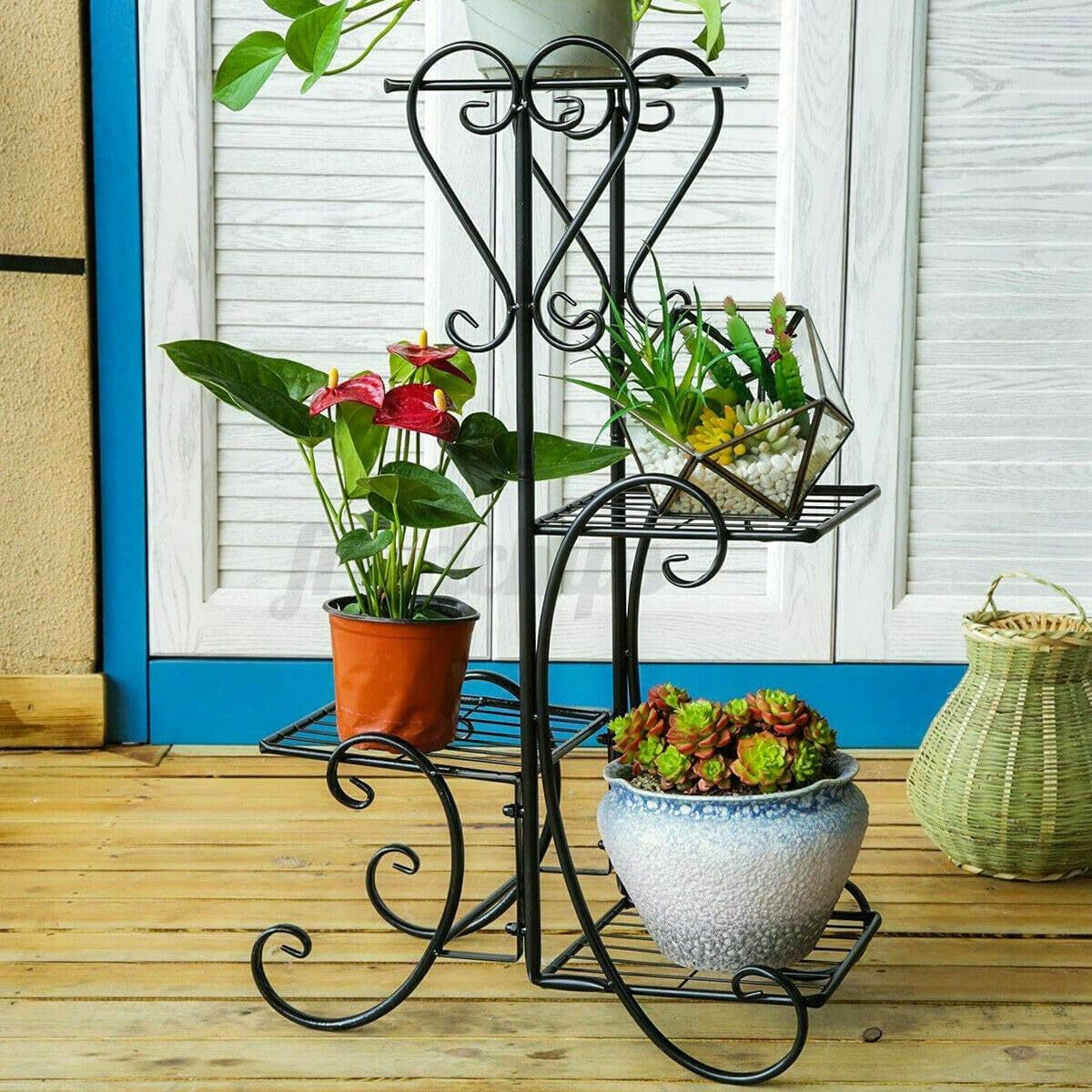 Juodas metalinis gėlių stovas su 4 lentynomis, vazonams ir augalams, lofto stiliaus