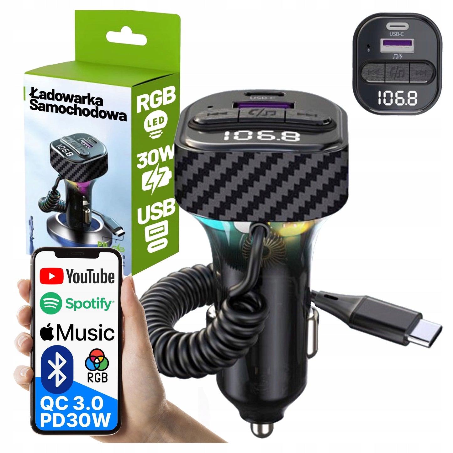 FM SIŲSTUVAS BLUETOOTH AUTOMOBILINIS ĮKROVIKLIS MP3 2x USB-C QC 3.0 PD 30W