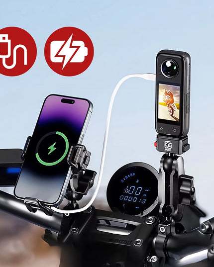 Motociklo telefono laikiklis, antivibracinis, su 15W induktyviu įkrovikliu + USB