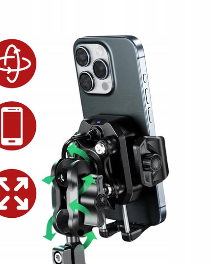 Motociklo telefono laikiklis, antivibracinis, su 15W induktyviu įkrovikliu + USB