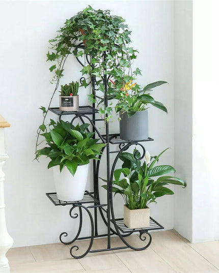 Juodas metalinis gėlių stovas su 4 lentynomis, vazonams ir augalams, lofto stiliaus
