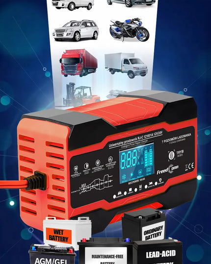 Galingas 10 A akumuliatoriaus įkroviklis automobiliams, autobusams ir sunkvežimiams, 12 V / 24 V, lenkiški užrašai