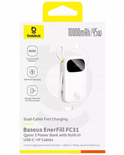 BASEUS išorinis akumuliatorius 10000 mAh 45W su USB-C ir Lightning laidu bei ekranu