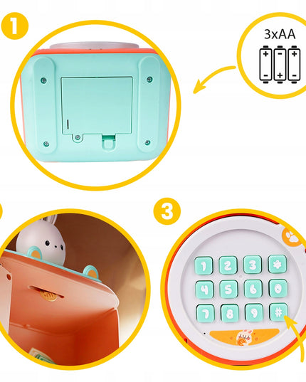 Taupyklė zuikutis, seifas banknotams ir monetoms, bankomat su PIN kodu