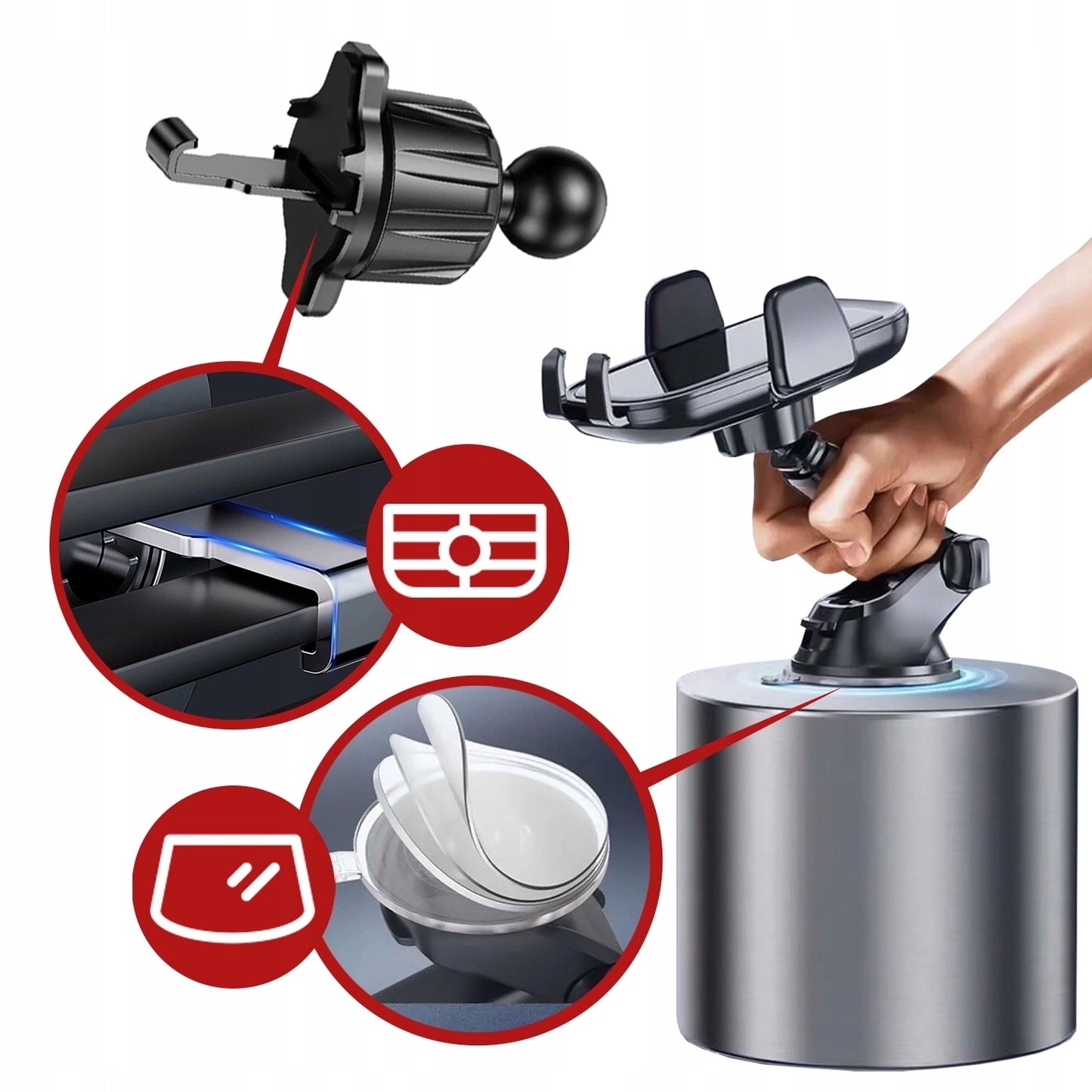 Tvirtas automobilinis telefono laikiklis ant priekinio stiklo, prietaisų skydelio, ventiliacijos grotelių