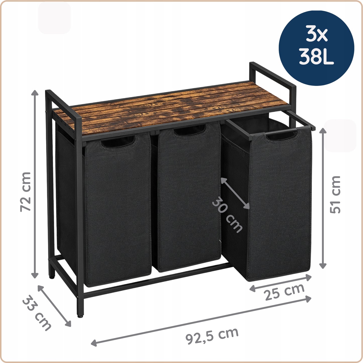 Didelis 3 skyrių pastatomas skalbinių krepšys 3x38L 4CONVY