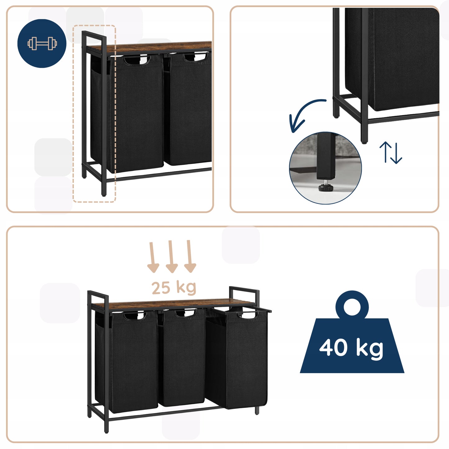 Didelis 3 skyrių pastatomas skalbinių krepšys 3x38L 4CONVY