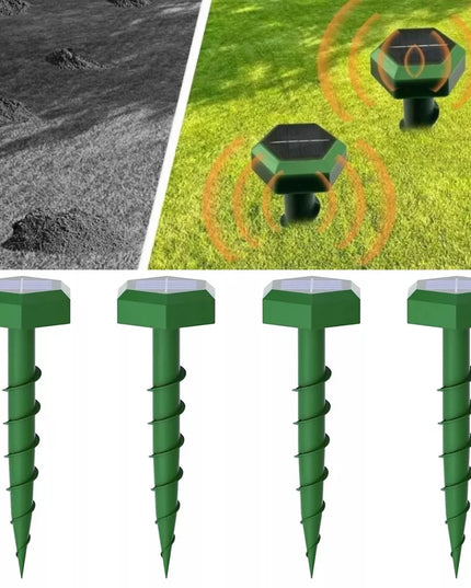 4 vnt. saulės energija varomi ultragarsiniai graužikų, kurmių ir pelių atbaidymo įrenginiai IP65, 23x6,5 cm