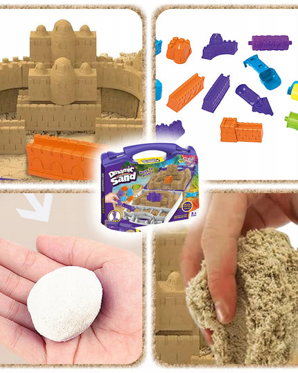 Kinetinio smėlio rinkinys vaikams, 1 kg, statyboms, su 9 formelėmis – plytos ir bokštai