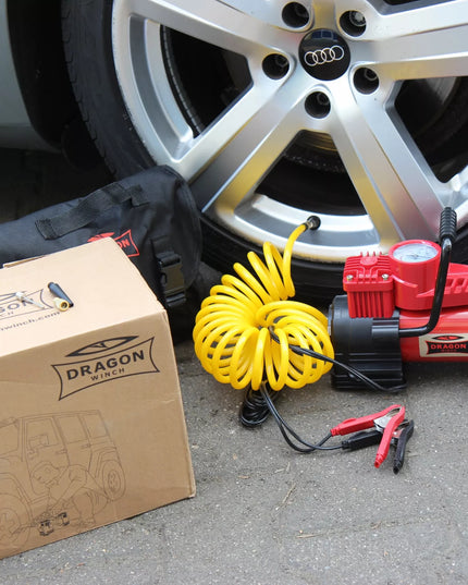 DWUTŁOKOWY KOMPRESOR SAMOCHODOWY DRAGON WINCH DO OPON Sprężarka 12V