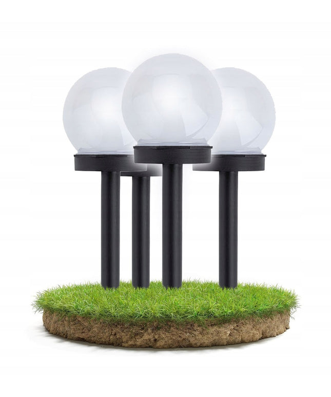 4 vnt. Lauko įsmeigiamas LED saulės šviestuvas BALTAS RUTULYS 10cm atsparus vandeniui IP44