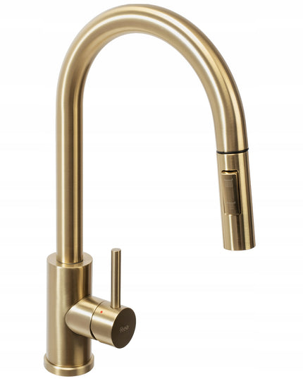 Auksinis virtuvinis maišytuvas REA FRESH GOLD su ištraukiamu snapeliu, aukštas 39,5 cm