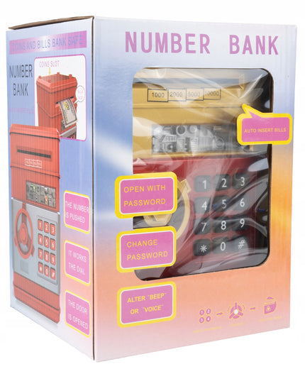 Elektroninė seifo tipo taupyklė vaikams, atidaroma PIN kodu, skirta banknotams ir monetoms