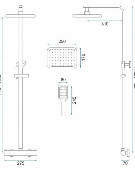 Termostatinis dušo komplektas TOM, chromas, montuojamas ant sienos