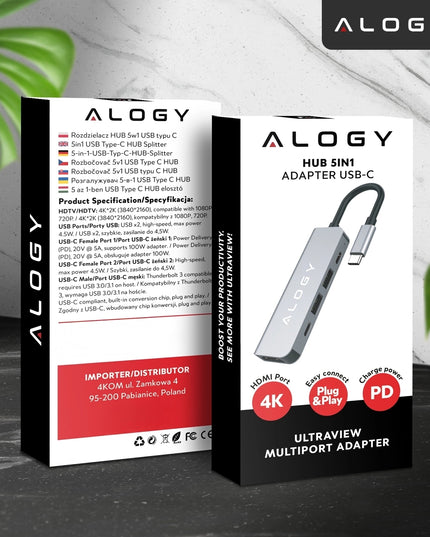 Adapteris-hub USB-C 5in1: 2x USB-A, 2x USB-C, HDMI 4K, PD 100W