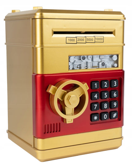 Elektroninė seifo tipo taupyklė vaikams, atidaroma PIN kodu, skirta banknotams ir monetoms