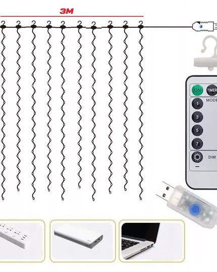 Kalėdinė LED užuolaida 3x3m 300 mikro lempučių USB pultelis kabliukai šilta balta