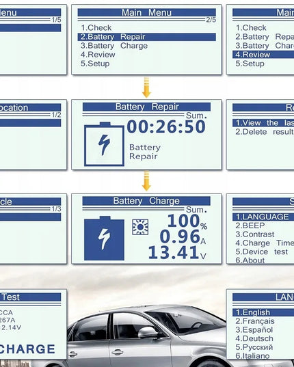 24DIAG B310 akumuliatorių testeris, įkroviklis ir automatinis matuoklis, 12 V / 24 V, 10 A