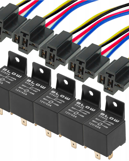 5 vnt. Automobilinis relė + 5 kontaktų lizdas 4120 12V 40A Universalus pajungimo laidas