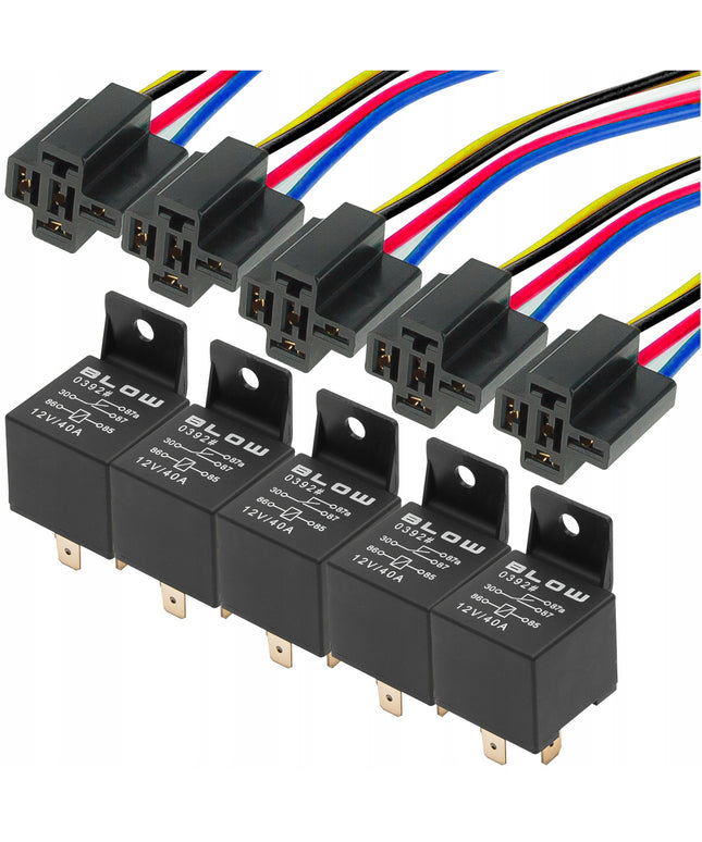 5 vnt. Automobilinis relė + 5 kontaktų lizdas 4120 12V 40A Universalus pajungimo laidas