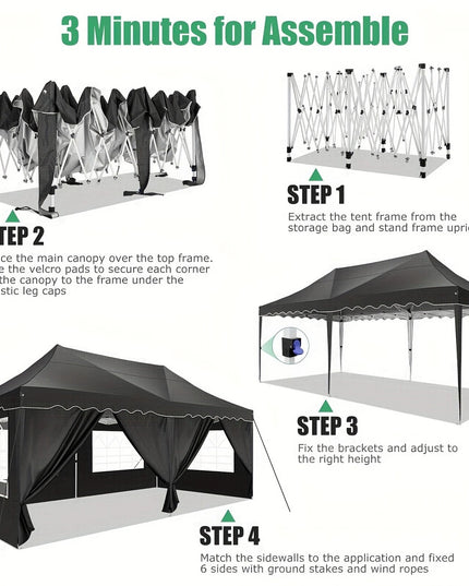 Juoda išsiskleidžianti pavėsinė 3x6 m su šoninėmis sienelėmis – tobula lauko šventėms, vestuvėms ir renginiams