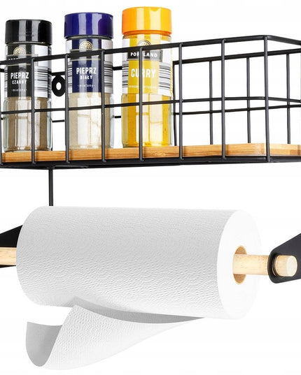 Sieninis laikiklis popieriniam rankšluosčiui, juodas metalas su bambuko lentynėle