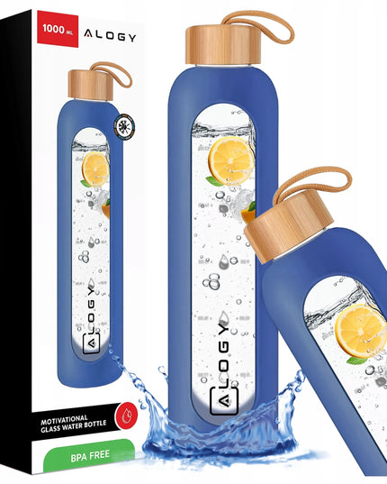 Alogy Motivational Glass Water Bottle 1L motyvacinis stiklinis vandens butelis, 1000 ml, mėlynas, su dėklu