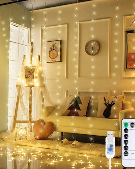 LED šviesos užuolaida, kalėdinė girlianda, USB, 3 × 3 m, nuotolinis valdymas